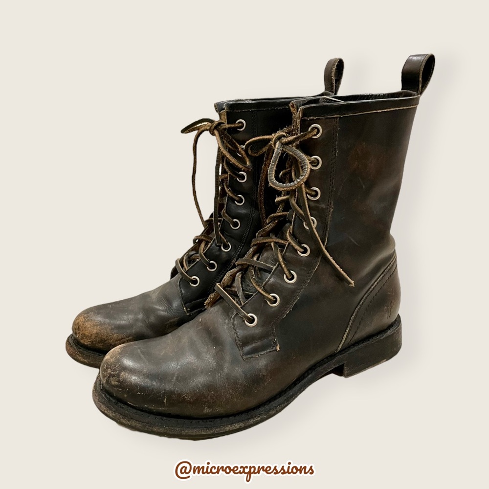 Frye Veronica Combat Distress Black Brown Tumbled Leather Laced Combat AnkleBoot - Picture 10 of 14